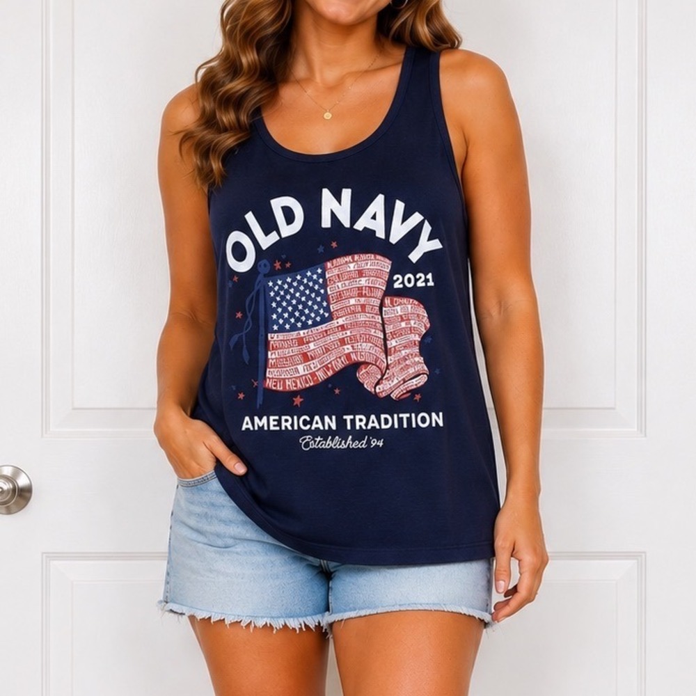 Old Navy Womens 2021 American Tradition Flag Tank Top Navy Blue Large